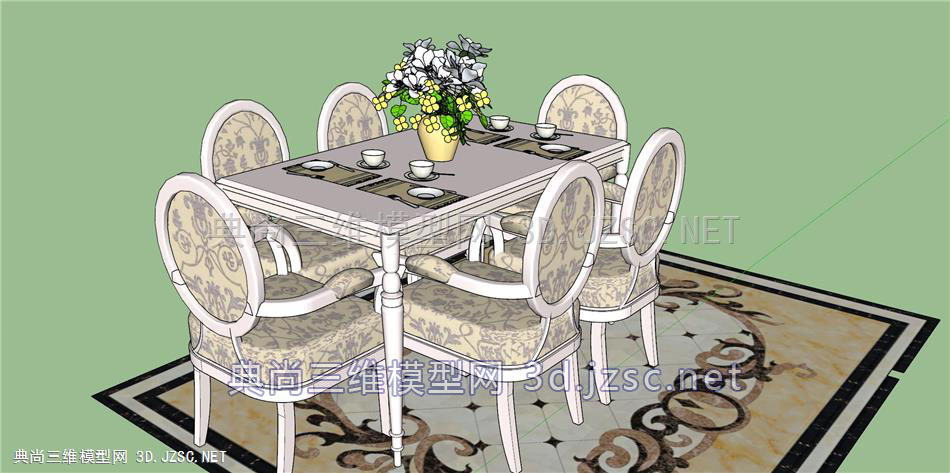 欧式餐桌椅+地毯+花瓶SKP模型