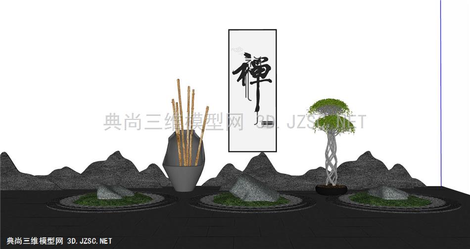 中式复古玄关大厅花坛布置，造型景观树，挂画，片石背景