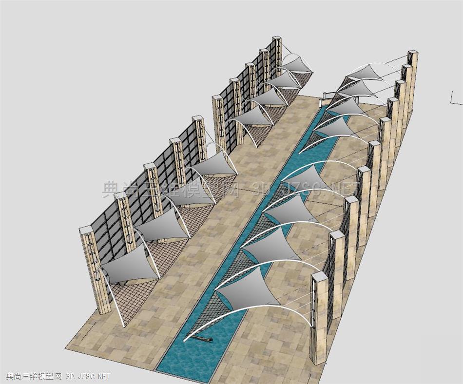 玻璃石墙遮阳棚游泳池廊架模型