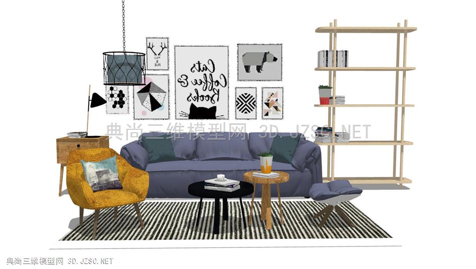 北欧客厅沙发、茶几、落地灯、装饰画组合(6)