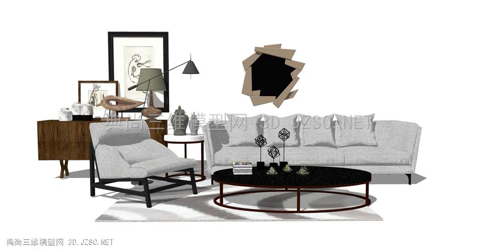 北欧客厅沙发、茶几、落地灯、装饰画组合(5)