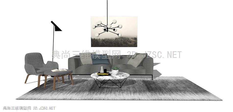 北欧客厅沙发、茶几、落地灯、装饰画组合(3)