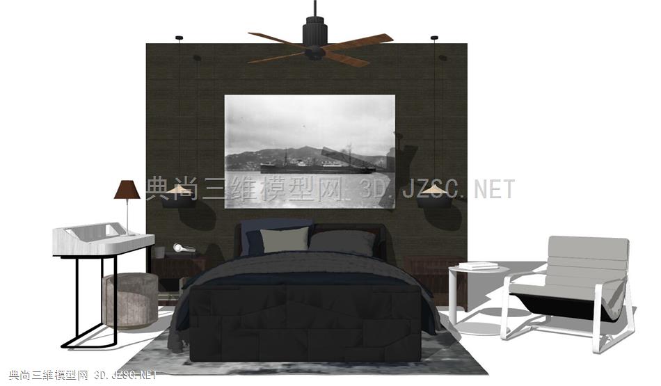 新中式卧室组合、床铺、床头背景(1)