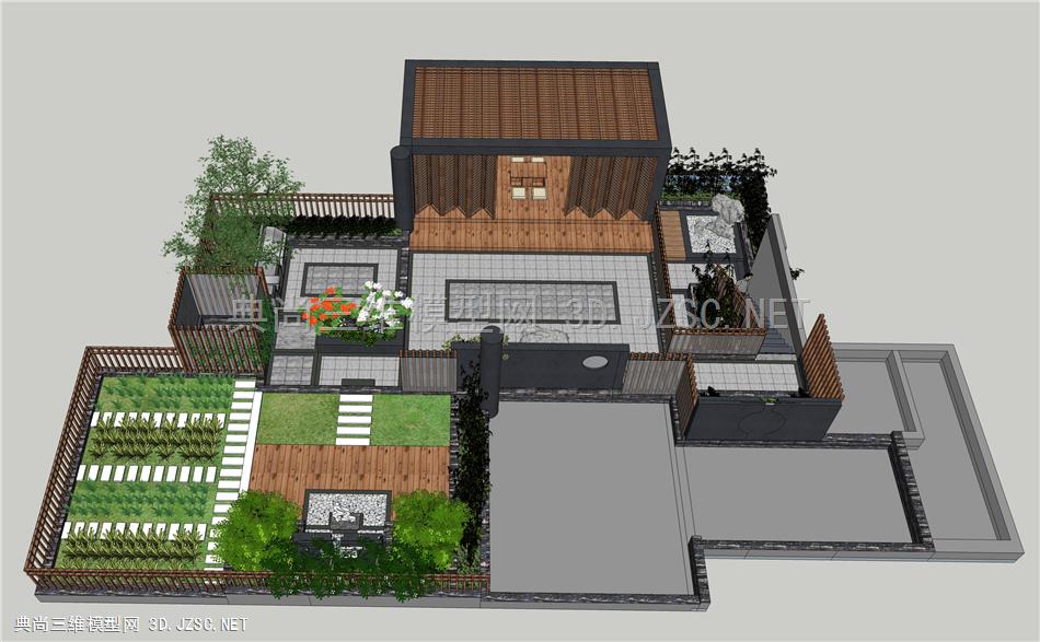 屋顶花园 太湖石 3d植物 现代廊架