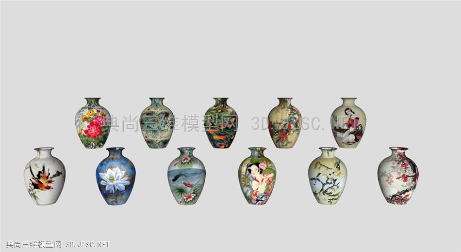 中式彩瓷花瓶装饰系列SU模型