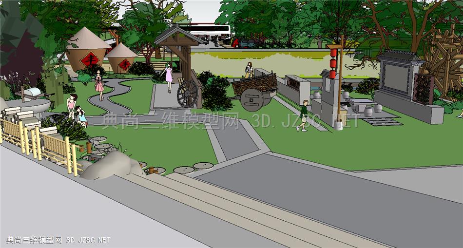 中式美丽乡村农村民宿形象野趣出入口广场景观小品方案设计SU模型2
