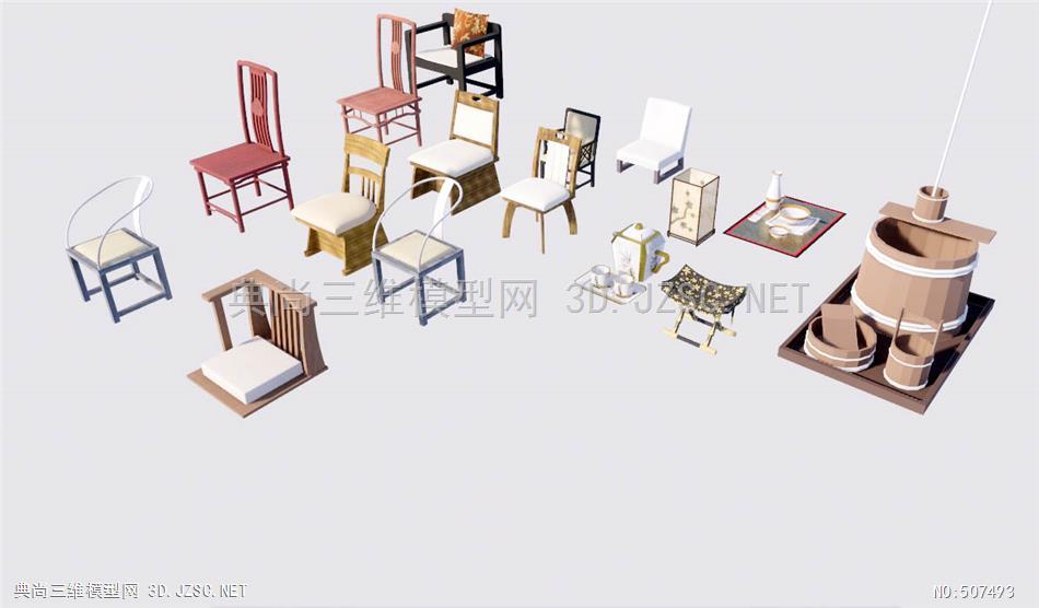 中式椅子木桶搓衣板SU模型