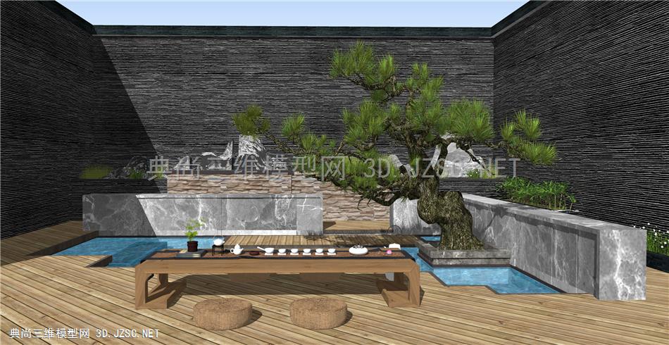 新中式风格庭院景观 景观小品 松树 茶桌 茶台 假山 石头 原创