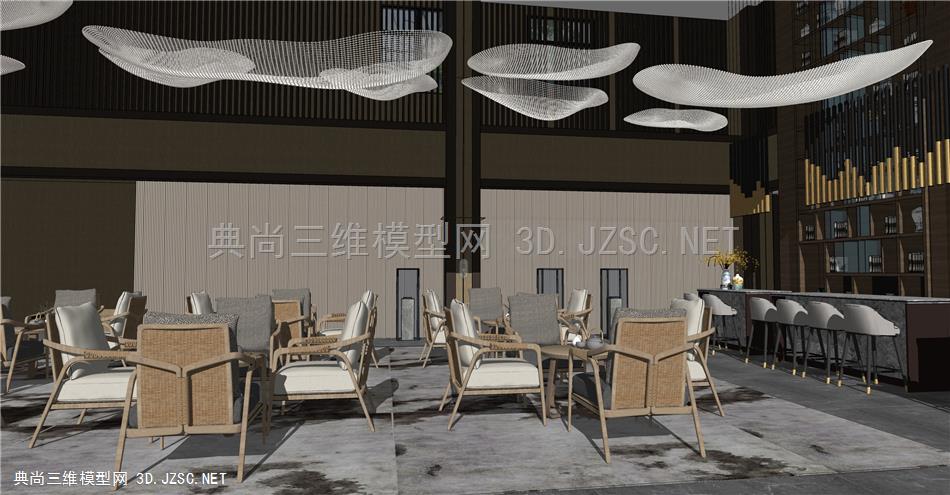 新中式售楼处 新中式洽谈区 接待前台 艺术吊灯 休闲桌椅 原创