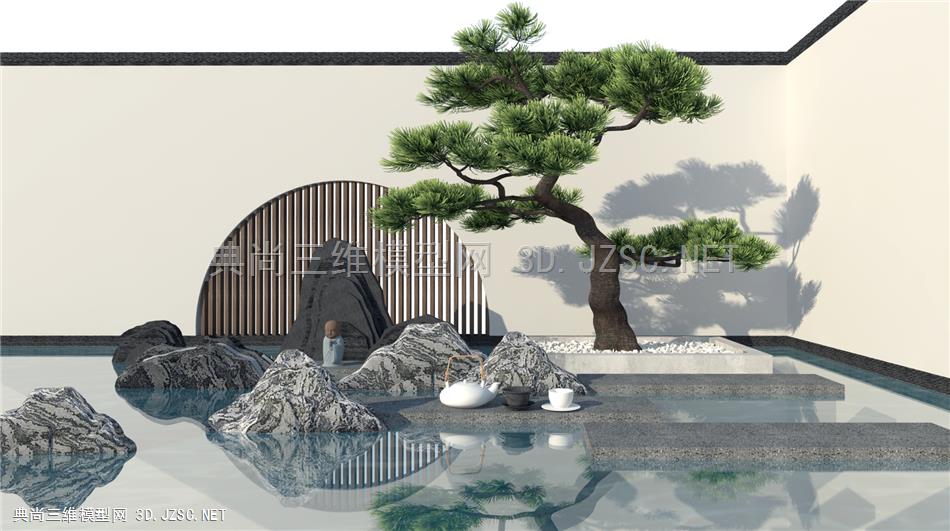 新中式庭院景观 禅意景观小品 枯山水小景观 松树枯石 景墙围墙 原创