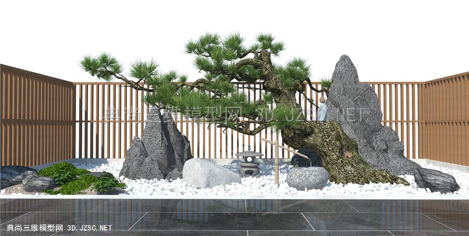 新中式庭院景观 景观小品 石头假山 松树 迎客松 枯山水景观 原创