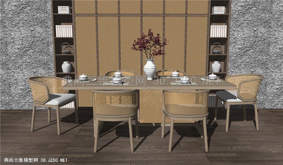 新中式风格餐桌椅组合 藤编休闲椅 竹编餐椅 餐具 饰品摆件 原创