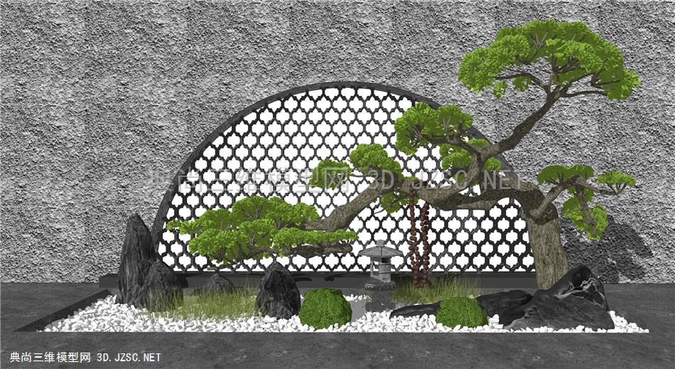 新中式庭院景观 景观松树 罗汉松 迎客松 假山石头 禅意庭院小品 原创