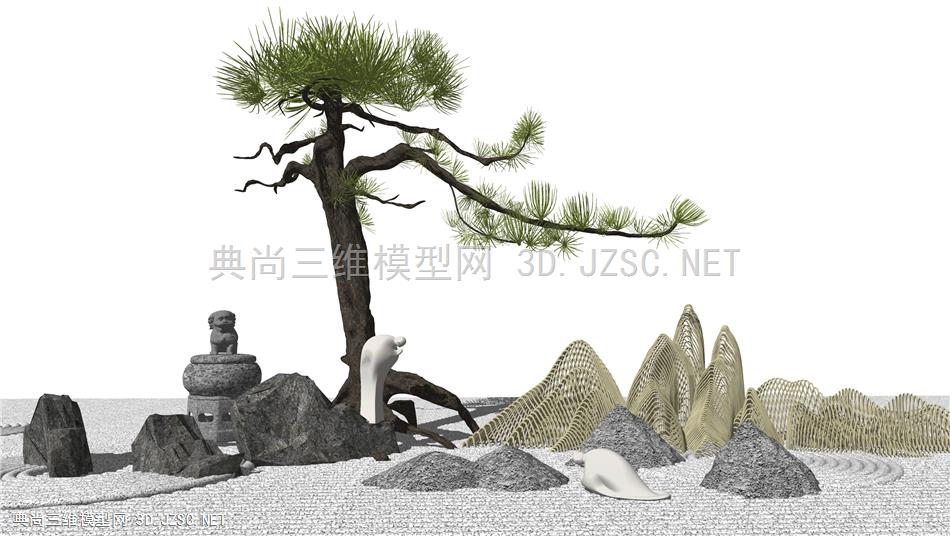 新中式禅意景观小品 景观松树 假山石头 园艺小品 原创