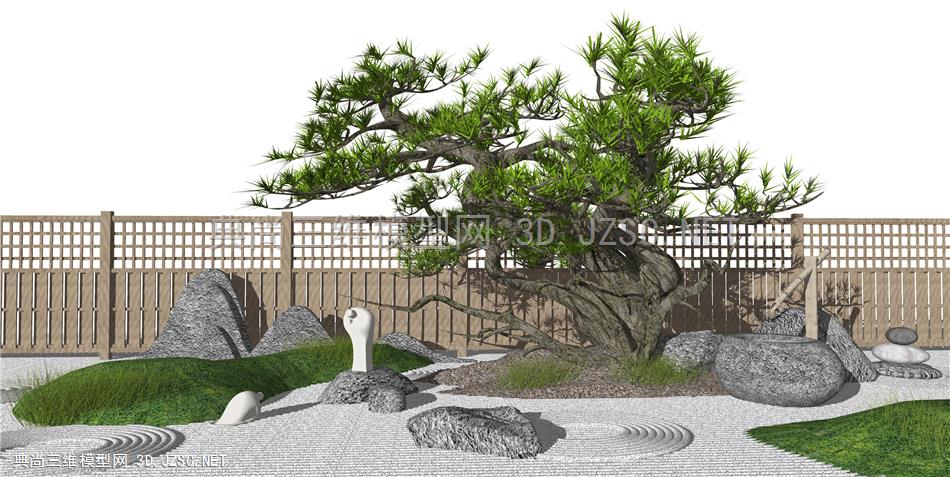新中式庭院景观 景观松树 枯山水景观小品 假山石头 禅意小品 木围栏 原创