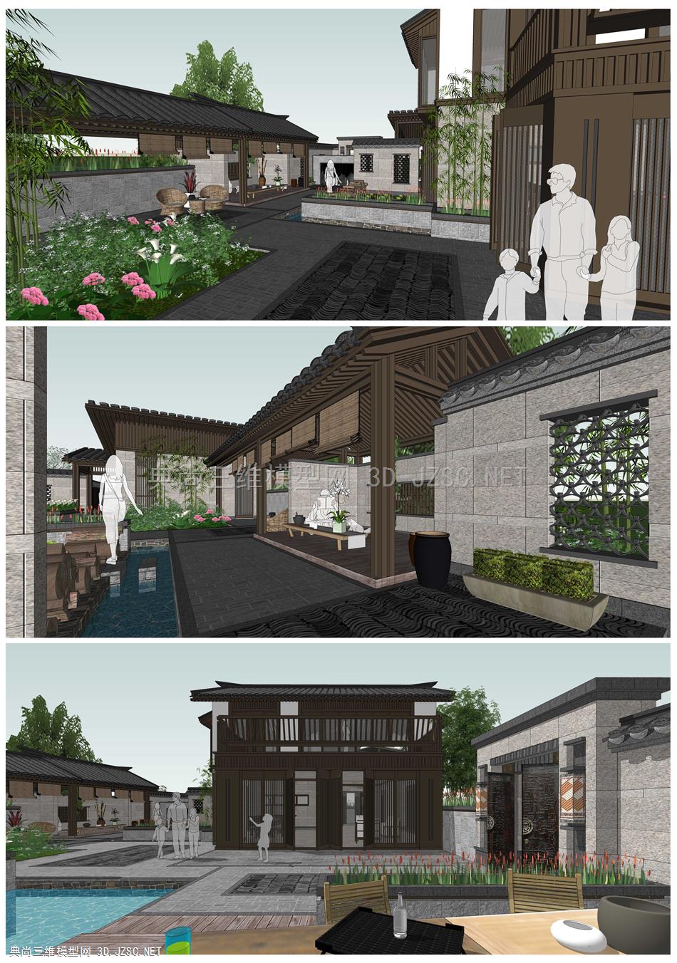 新中式别墅庭院休闲廊架水池中式大门瓦片围墙