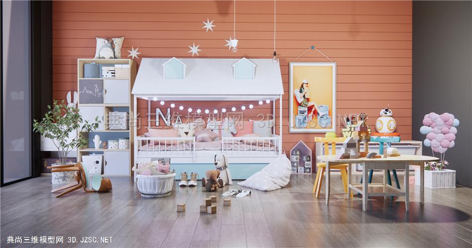 现代儿童房玩具 学习桌椅 儿童单人床 玩具房 布偶玩具 收纳柜 玩具柜 懒人沙发 原创