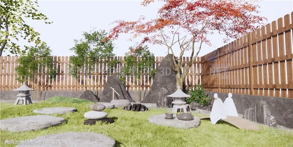 日式庭院景观 景观小品 枯山水石 禅意景观 木围栏 石头 原创