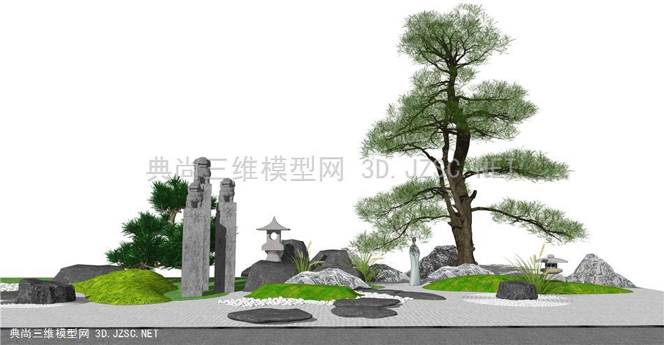 新中式禅意庭院 景观小品 松树景观 拴马柱 枯山水园艺景观小品 假山 石头 原创