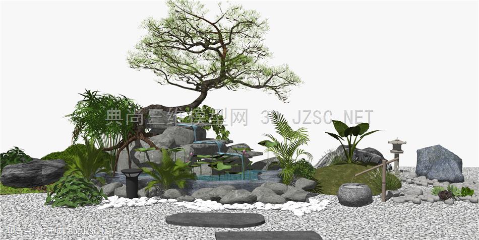 新中式景观小品 假山水景 松树 庭院景观 植物石头水景 竹子 原创