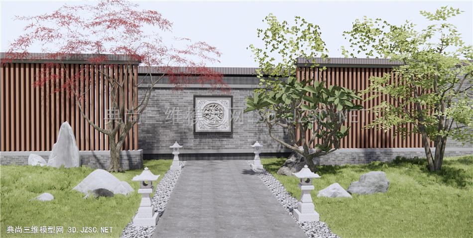 新中式风格庭院景观 石头假山 景观树 景墙围墙 禅意小品 原创