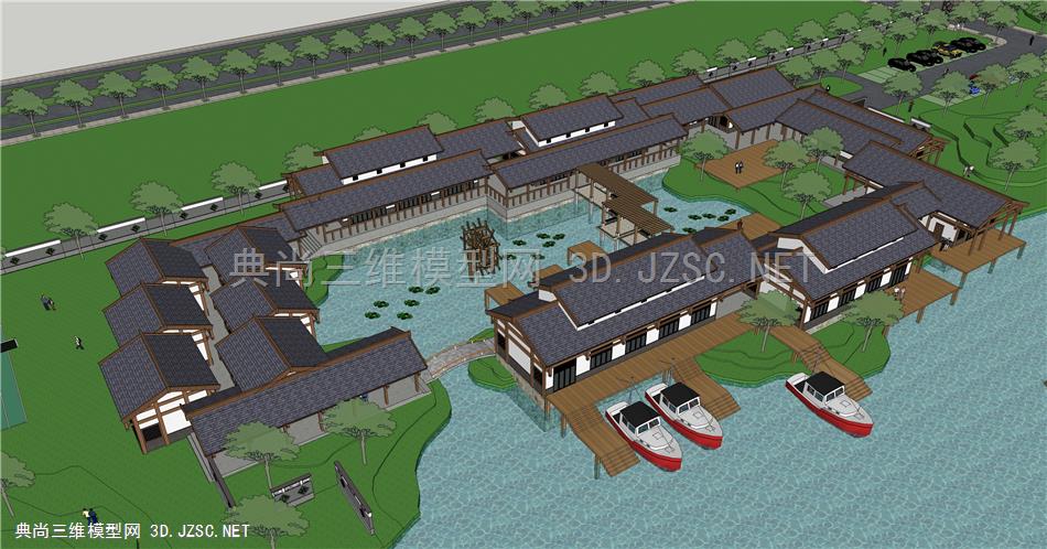 中式水上搜救中心景观建筑设计SU模型