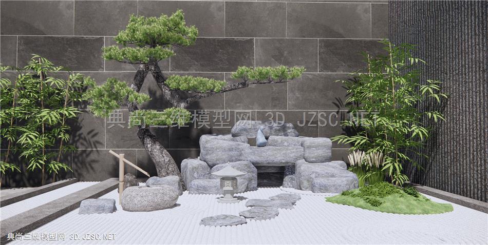 新中式假山石头 叠石松树景观 禅意庭院小景 原创