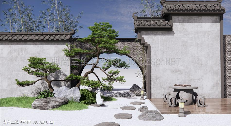 新中式庭院景观 景墙围墙 石头松树 泰山枯石 景观小品 原创