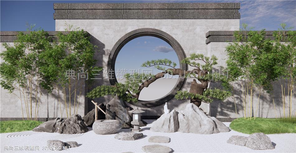 新中式景墙围墙 庭院景观 石头假山 景观小品 禅意景观 松树 竹子 原创