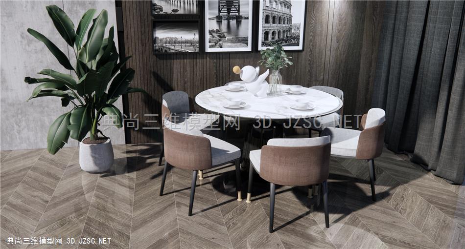 现代风格餐桌椅 休闲椅 圆形大理石餐桌 室内植物 原创