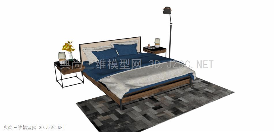 现代风格双人床 单人床 床组合 枕头 床单 被子 台灯 床头柜 挂画 5nj床组合