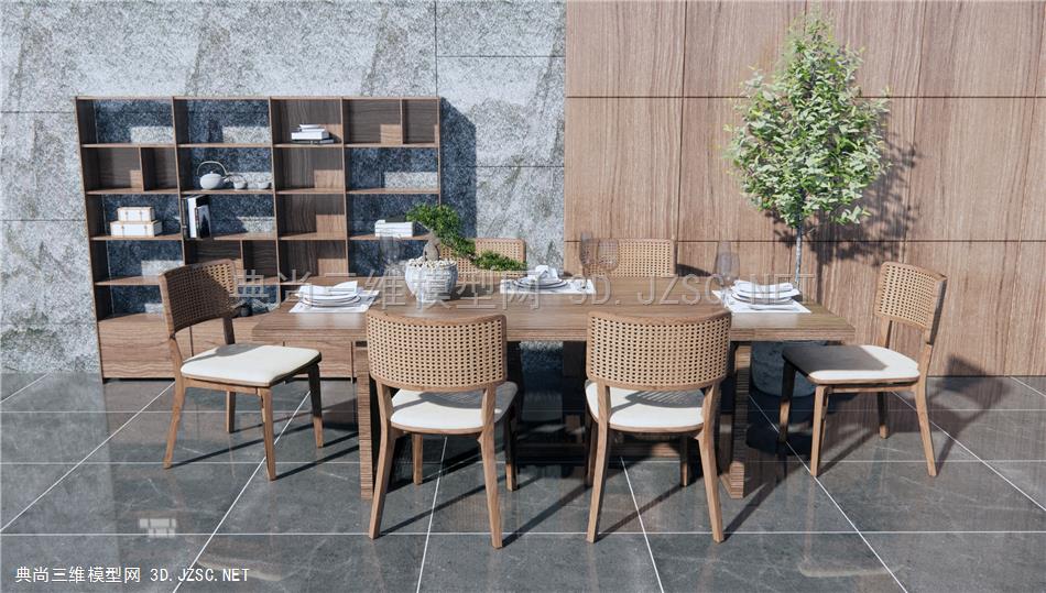 新中式餐桌椅 藤椅 松树盆栽 餐边柜 原创