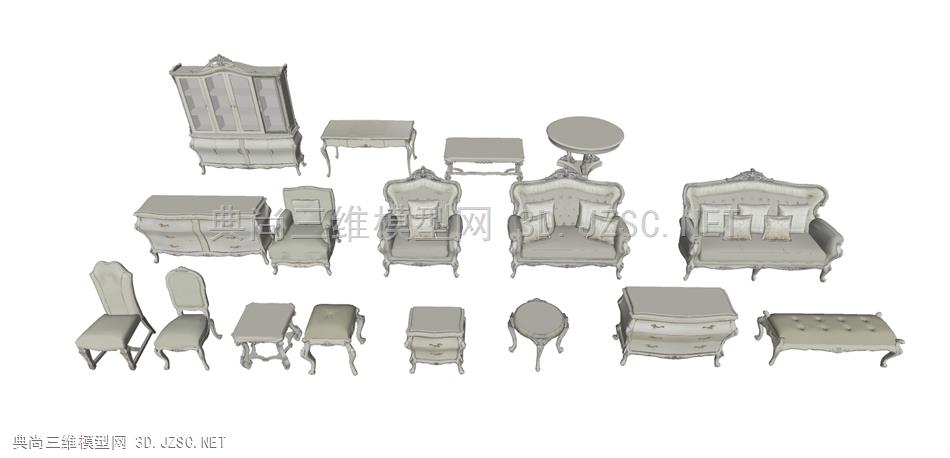 欧式家具组合 欧式沙发 班椅 方角几 欧式酒柜 梳妆台 妆凳