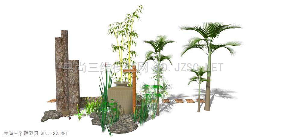 民俗农具景观小品16 植物 水瓶 植物合集 热带雨林植物 庭院绿植 竹子 椰树 石头