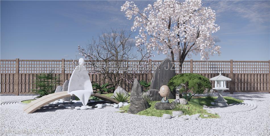 日式庭院景观 景观小品 樱花树 石头假山 石灯 佛像 原创