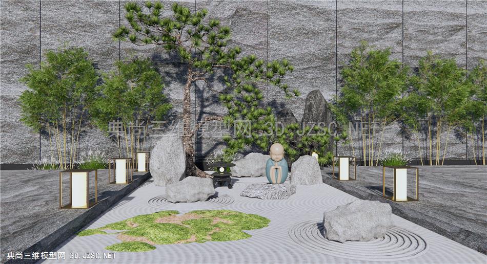 新中式庭院景观 枯山水 景观小品石头 松树 原创