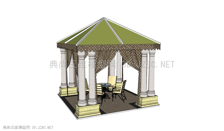 欧式 室外休闲廊架 方形两柱加长形基座 铁艺室外桌椅 SU模型下载