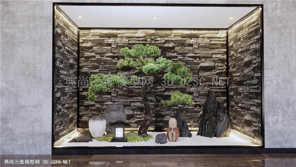 新中式庭院景观 假山石头 松树景观背景墙 原创