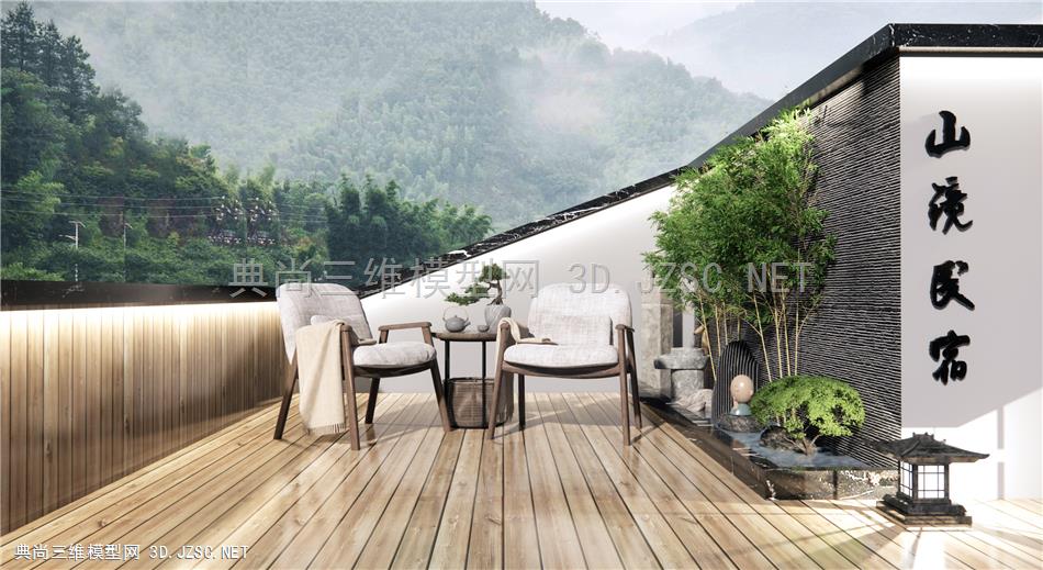 新中式民宿庭院小景 假山水景 休闲桌椅 屋顶花园景观 原创