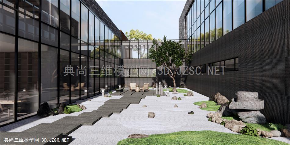 新中式办公楼庭院景观 枯山水石 户外休闲沙发 禅意景观小品 原创