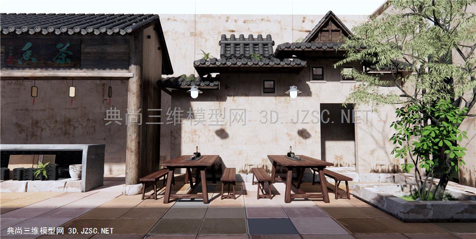 新中式民宿 茶桌椅 庭院景观 茶馆 中式门头瓦片 原创