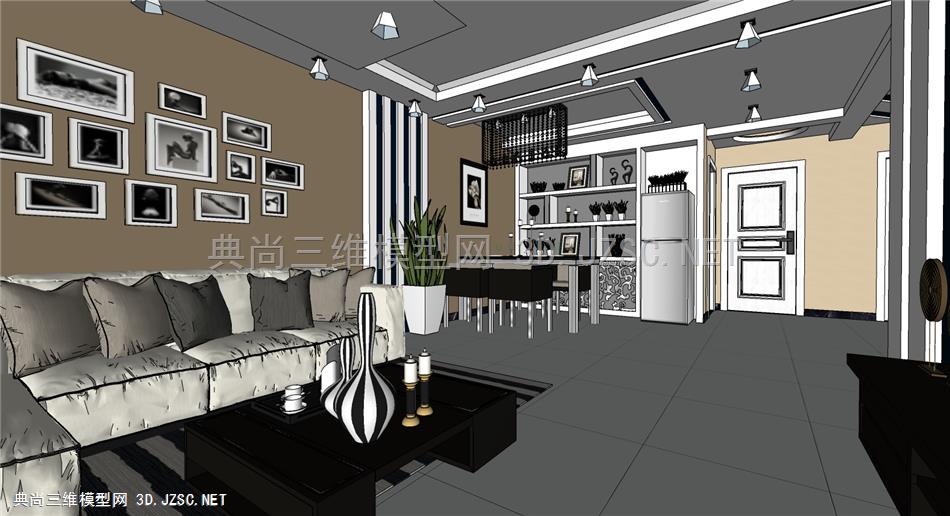 室内类-现代简约客餐厅-su模型下载