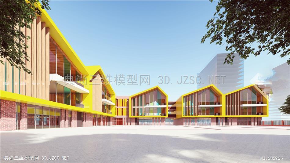 线状布局的校园SU模型 现代风格学校幼儿园 学校建筑2