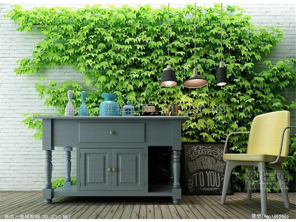 植物墙 幸福树 园林景观 爬山虎现代植物装饰柜休闲椅子组合[模型ID136701]