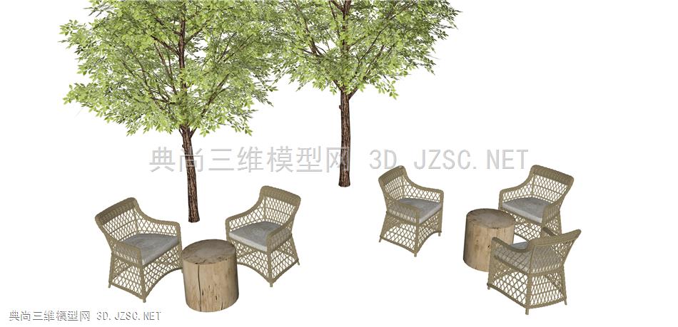 户外沙发(3)  户外座椅SU模型 室外桌椅组合 现代户外庭院桌椅 餐厅户外沙发桌椅组合 树 绿植 藤编椅