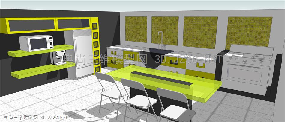 色彩鲜艳的开放式厨房-微波炉咖啡机多功能炉灶-su模型下载
