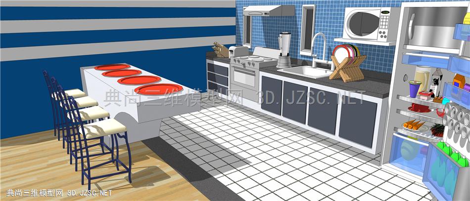 色彩鲜艳的开放式厨房-全套厨房用具2-su模型下载