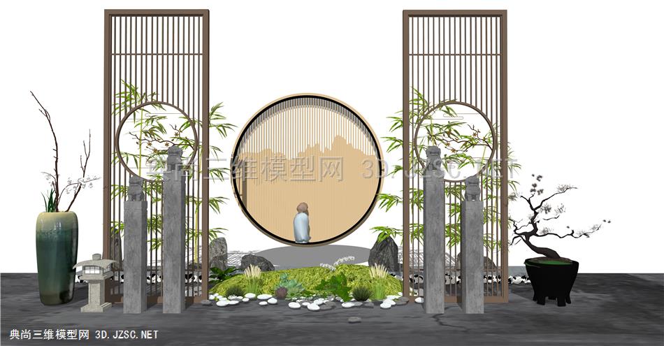 新中式禅意隔断 景观小品 庭院景观 陶罐 拴马柱SU模型ID_545835906