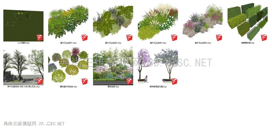 SU精品植物组团搭配花灌造景中式植物绿篱墙乔木观赏草3d假山枯木