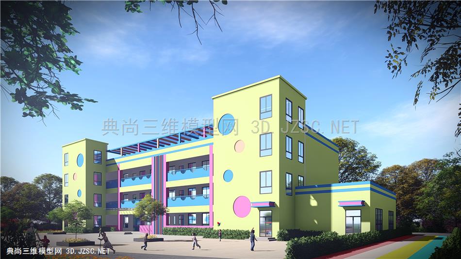 彩色幼儿园学校建筑模型3D 效果图